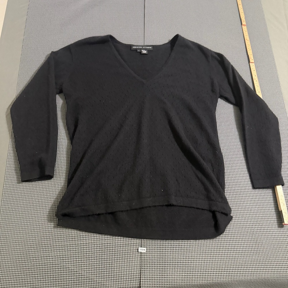 Adrienne Vittadini Womens Black Silk Cashmere V-Neck Pointelle Sweater Size L